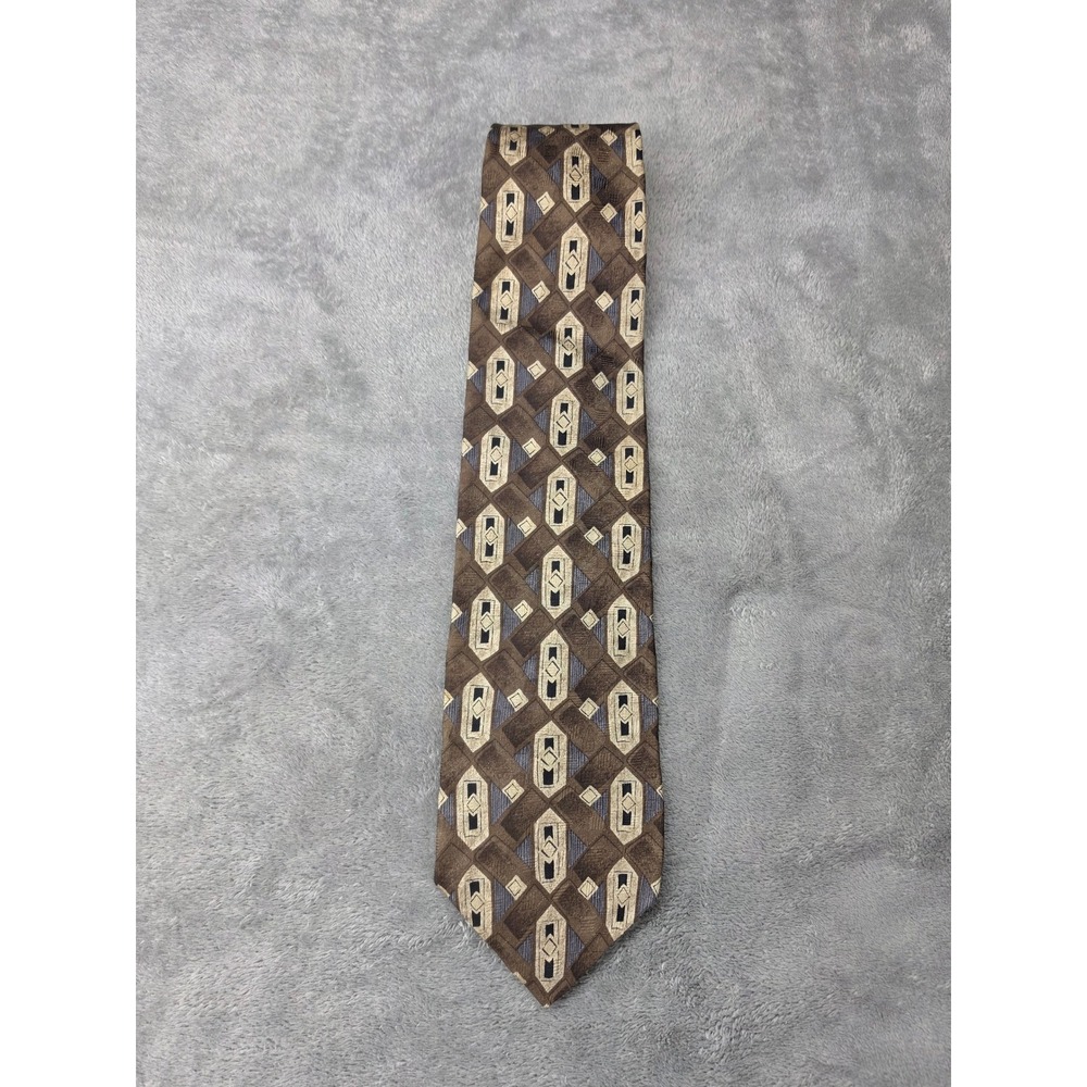 Haggar Clothing Co Mens Brown Geometric Art Deco Silk Blend Necktie Tie